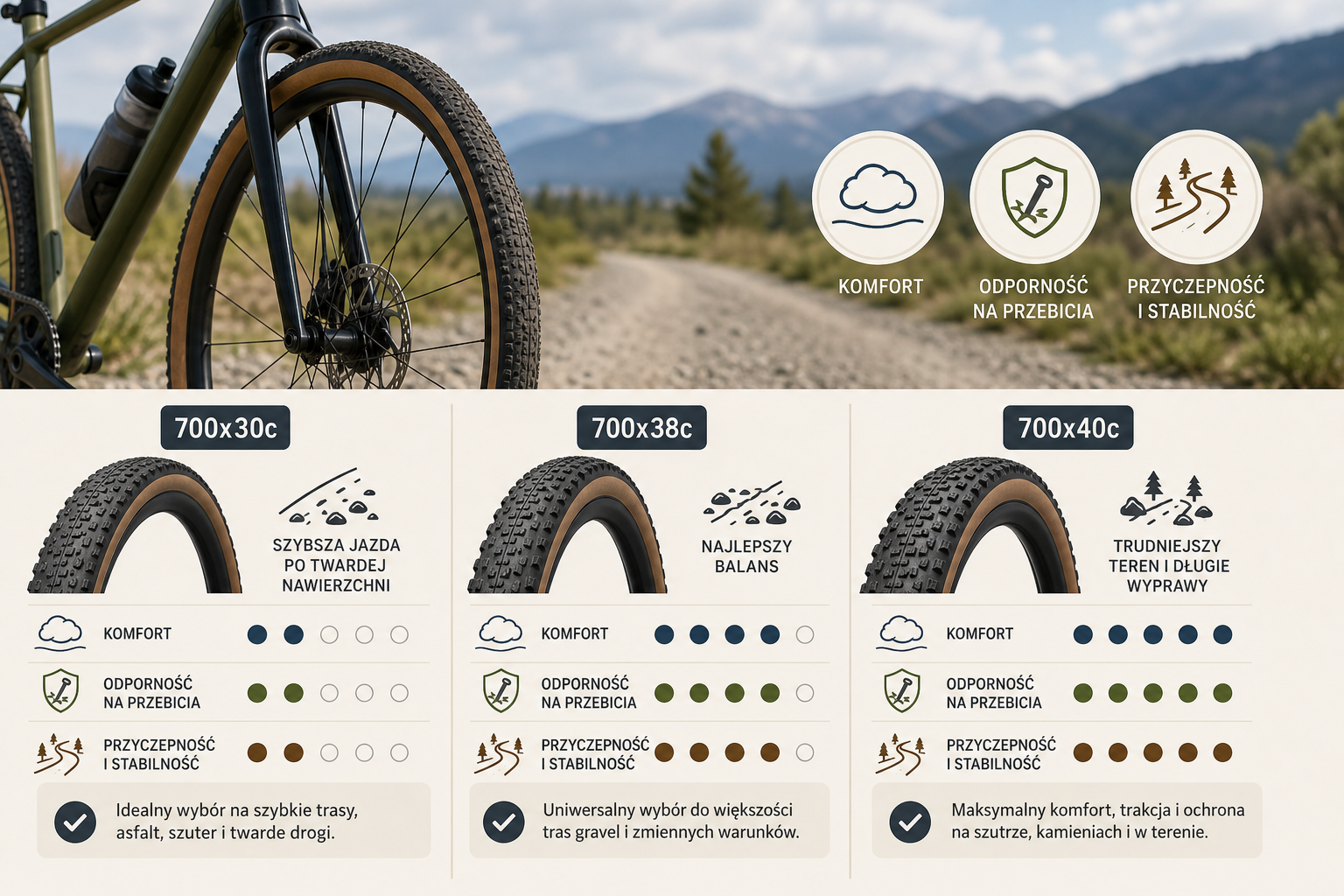 Jak dobrać rozmiar opon gravel (700x30c, 700x38c, 700x40c) pod kątem komfortu i odporności na przebicia