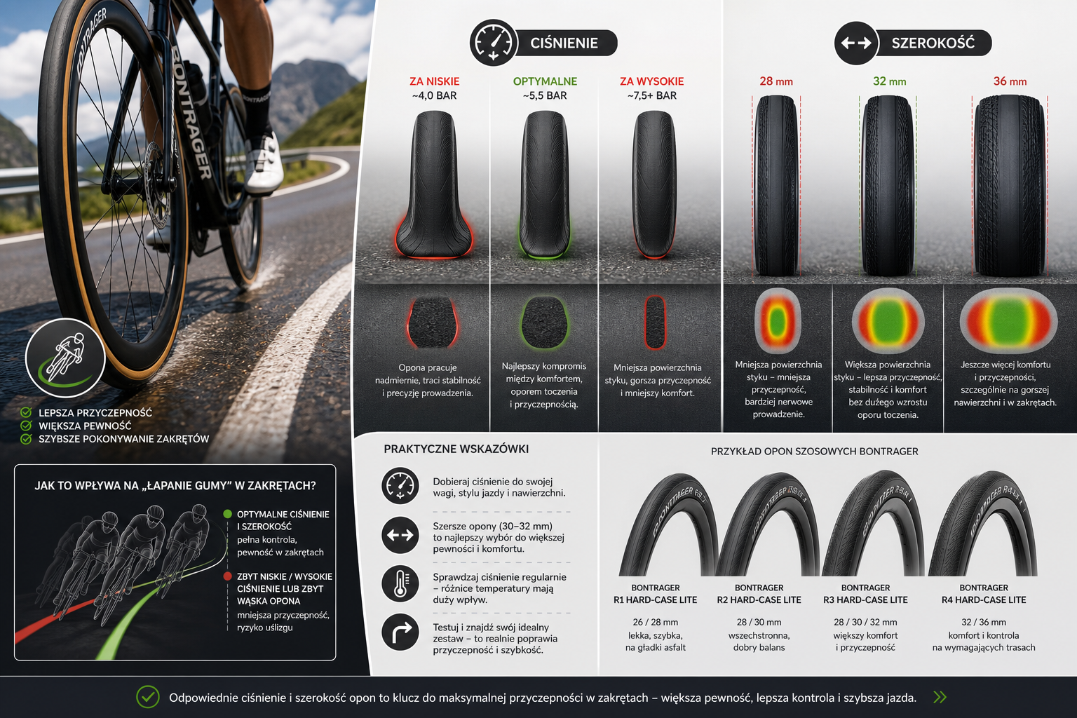 Opony szosowe (na przykładzie Bontrager) – jak ciśnienie i szerokość wpływają na „łapanie gumy”
